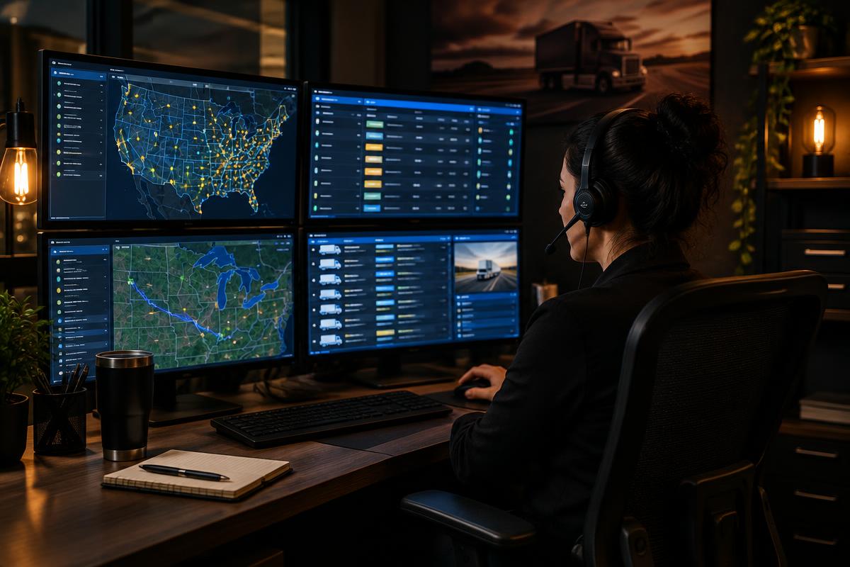 Truck dispatcher working at a multi-monitor dispatch workstation